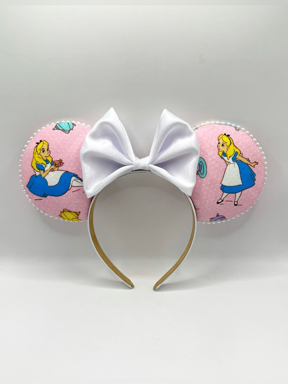 Disney Alice in Wonderland hand crafted Pink Minnie Ears with White Bow
